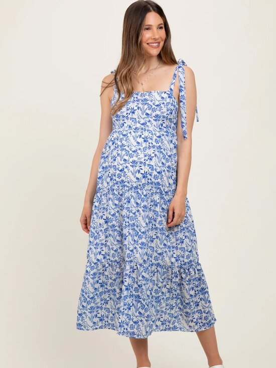 Pinkblush Dresses & Skirts - Pinkblush Maternity Blue Multi Floral Tie Strap Maternity Maxi Dress (NWT)